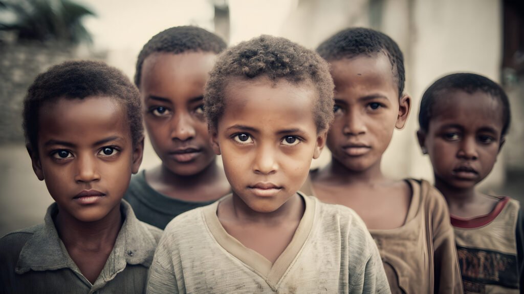 African children standing together watching with serious expressions Des enfants ont besoin de vous.