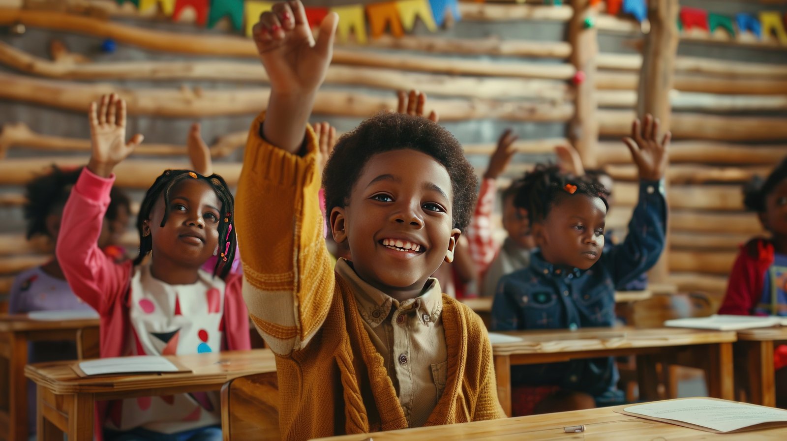 Diverse students raise hands in classroom education learning